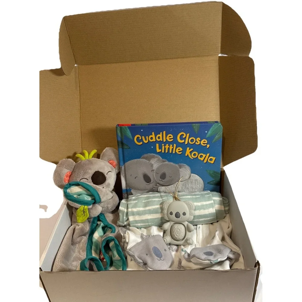 Baby Boy Koala Newborn Shower Gift Box, Book Lovey Outfit Teether Socks Blanket